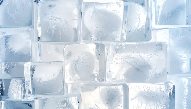 A close-up of a wall constructed from clear ice cubes, each trapping interesting internal formations