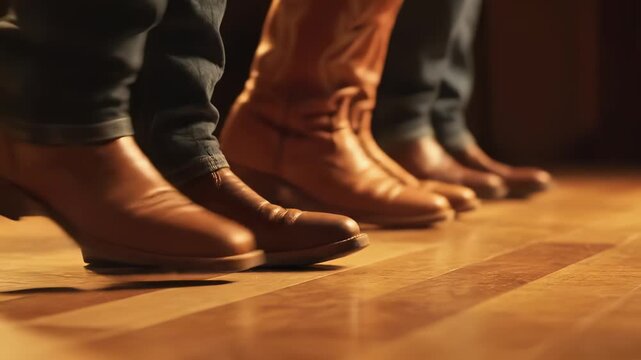 Close-up sequence of stylish cowboy boots lined up on polished wooden floor, showcasing intricate details and textures, camera zooms in gradually