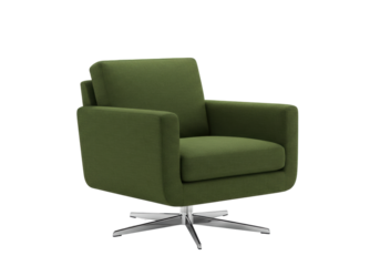 Isolated swivel chair, olive-green upholstery. Modern furniture design for living room.