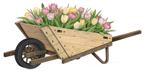 Wooden Wheelbarrow Planter with Pink and Yellow Tulips Transparent