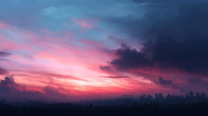 Fototapeta premium A dramatic sky with vibrant pink purple and blue clouds at dusk casting a glow over a silhouetted city skyline