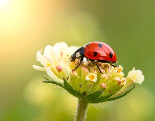 Fototapeta premium A close-up shot captures a vibrant red ladybug with black spots perched on a delicate, white flower. The background softly blurred, highlighting nature's beauty