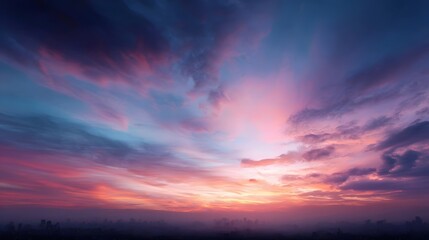 Vibrant sunset clouds cast a colorful glow over a hazy city skyline at dusk