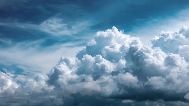 Dramatic white cumulus clouds fill a deep blue sky on a bright daylight showcasing atmospheric beauty and vastness - Powered by Adobe