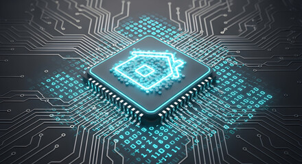 Smart home and IoT technology concept with a glowing house icon on a computer processor.