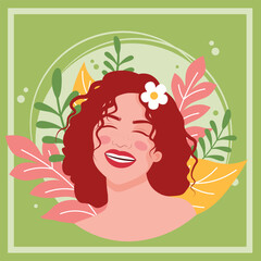 Smiling Woman with Red Hair and Floral Background