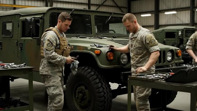 Soldiers Working on Military Vehicle Maintenance in Workshop Setting