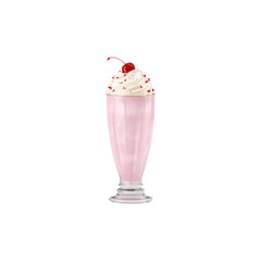 Pink Milkshake With Whipped Cream And Cherry. Classic Dessert Beverage Isolated On Transparent Background