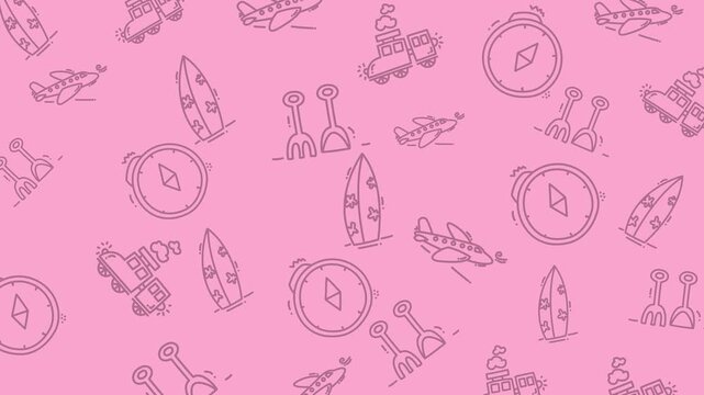 Cheerful pink background featuring a delightful seamless pattern of travel and summer adventure line art icons, presented in an appealing illustrative column design, ideal for creative backdrops
