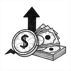 Black and white hand-drawn vector sketch of cash, a dollar coin, and an upward arrow, symbolizing financial increase and profit.