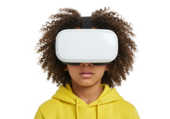 Isolated African American girl wearing VR headset enjoying virtual reality experience