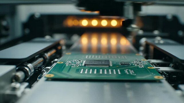 Electronics Manufacturing Concept. Robotic Arm Placing Microchip On Circuit Board In Automated Factory.