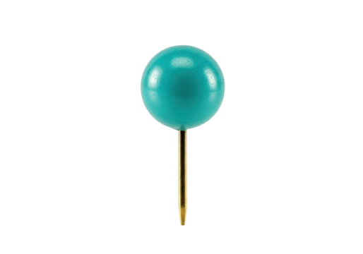 Isolated turquoise pushpin with golden point for noticeboard, office work and paperwork