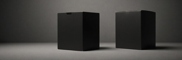 A set of two minimalist black cardboard boxes of various sizes, arranged on a light grey surface against a darker grey background, perfect for product mockups