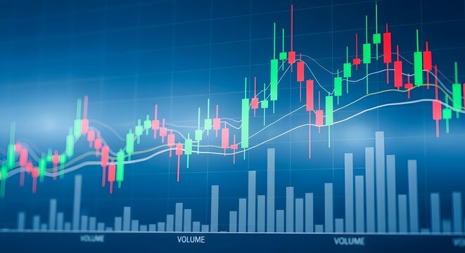 Stock Market Candlestick Chart Analysis with Volume Indicators.