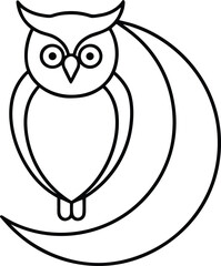 minimal line art owl perched on crescent moon illustration on transparent background