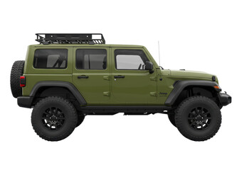 Isolated four-door Jeep Wrangler Unlimited Rubicon 4xe, all-wheel drive, side view, 2024 model