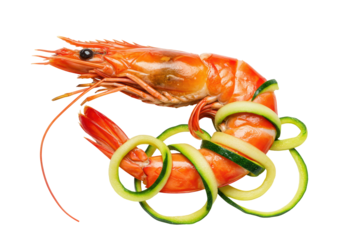 Isolated red shrimp, zucchini ribbons in presentation for chefs and restaurateurs