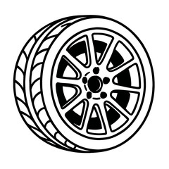 Obraz premium Black and white vector illustration of a car wheel and tire with a multi-spoke rim and detailed tread pattern, ideal for automotive designs, vehicle diagrams, and garage art. Perfect clean outline