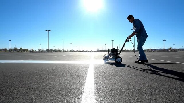 A worker carefully paints a new white line on an empty asphalt parking lot under a bright sun.