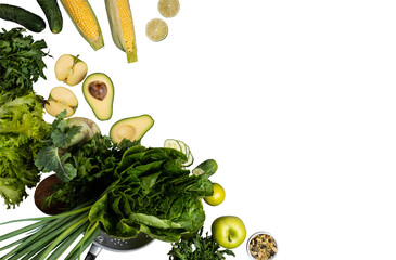 A Bounty of Raw, Wholesome Ingredients Including Lettuce, Limes, Cucumbers, and Herbs on a png Background with Copy Space.Diet nutrition concept.Farming and healthy food concept flat lay