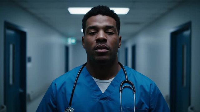A focused medical professional stands with closed eyes in a hospital corridor, wearing blue scrubs.