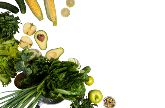 A Bounty of Raw, Wholesome Ingredients Including Lettuce, Limes, Cucumbers, and Herbs on a png Background with Copy Space.Diet nutrition concept.Farming and healthy food concept flat lay