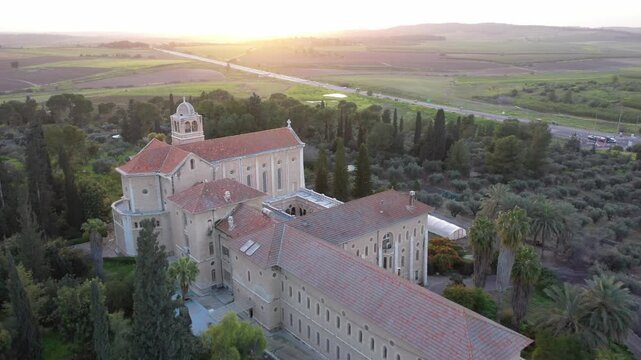 Aerial view of the Monastery of the Silent Ones located in Latrun at the southeastern end of the Ayalon Valley at sunset in Israel