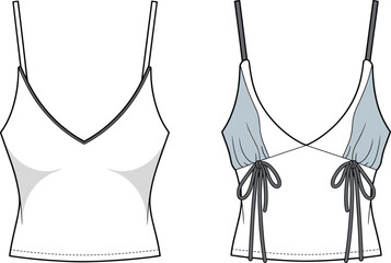 Camisole top design, fashion garment sketch, stylish women's apparel, adjustable strap illustration, ruched detail drawing, flat vector illustration