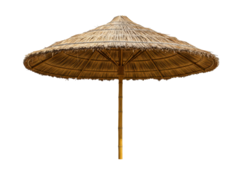 Isolated beach parasol of straw with round canopy and bamboo pole, summer resort sunshade