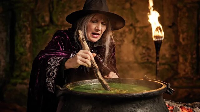 Mysterious witch stirring potion in dark, enchanted forest setting