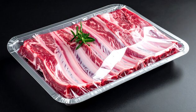 A close-up shot displays raw ribs with their bones visible. The ribs sit in a foil tray, wrapped in clear plastic, a sprig of green herbs sits on top