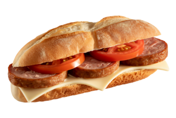 Fresh sandwich roll filled with tomato slices and cheese, Tasty baguette sandwich with tomato and creamy filling
