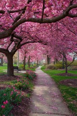 A path lined with blossoming pink trees, creating a spring tunnel of color
