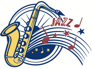 Naklejka premium Stylish Jazz Music Vector with Saxophone and Treble Clef Design