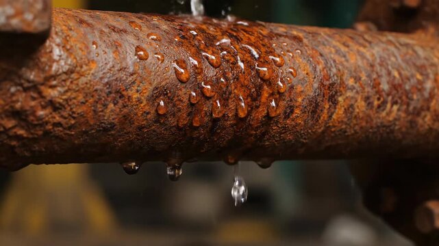 Rusty Pipe with Water Droplets on an Industrial Background