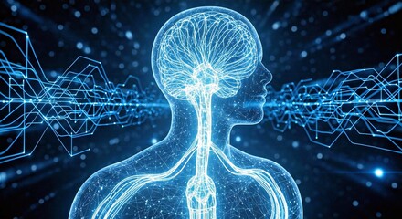 : Futuristic digital neural network inside a human silhouette with blue neon lines