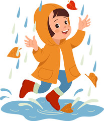 Happy Kid Jumping in Rain Puddle. Autumn
