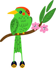 Green Exotic Bird Sit on Tropical Tree B
