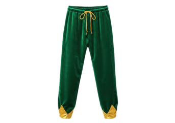 Isolated pair of green velvet pants with gold cuffs and waistband drawstrings for apparel mockups