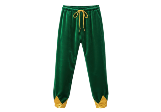 Isolated pair of green velvet pants with gold cuffs and waistband drawstrings for apparel mockups