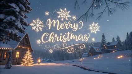 Naklejka premium 4K ultra-detailed Merry Christmas wallpaper with glowing elegant calligraphy text, sparkling snowflakes, twinkling fairy lights, snow-covered pine trees, and a cozy winter village