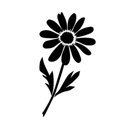 Vector illustration of a black silhouette of a chamomile flower with stem and leaves on a white background, ideal for design, decor, or packaging.
