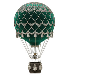 Isolated steampunk-style hot air balloon, rich emerald green and intricate silver detailing