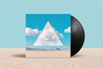 Vinyl record with modern triangle design against a blue sky background, featuring clouds and desert landscape, showcasing contemporary artistic style and vibrant colors