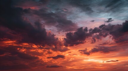 Fototapeta premium Dramatic sunset sky with vibrant orange and red clouds illuminating the atmospheric expanse