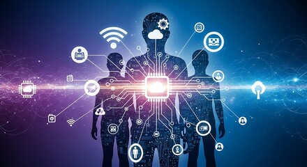 Human figures with technology icons and circuit board patterns on a purple and blue background
