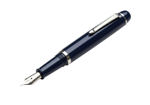 Isolated blue fountain pen for writing in calligraphy with metal accents, business use