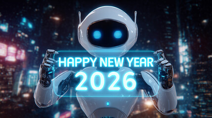 a sleek, futuristic robot with glowing blue eyes stands in the center of an illuminated cityscape at night. it holds up a holographic sign "happy new year 2026". The background is filled with advanced