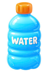 Vibrant blue glossy plastic water bottle, bright orange cap, and 'WATER' in bold white letters. A refreshing 3D cartoon illustration, embodying purity, hydration, health, wellness, essential beverages
